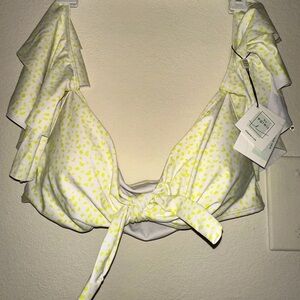 By Egreis yellow spotted off shoulder bikini top ruched bikini bottom L NWT